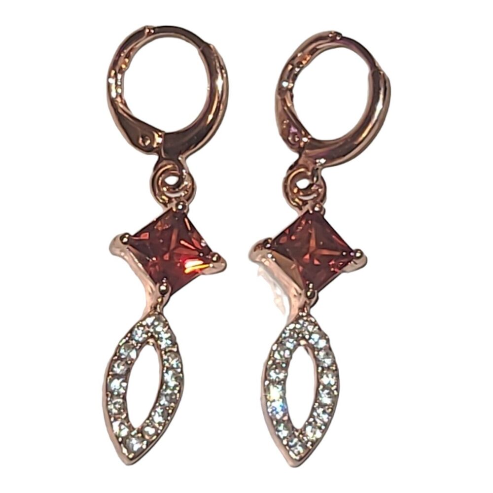 Rose Gold Tone Red & White Crystal Rhinestone Dangle Earrings 1.5" - Picture 2 of 4
